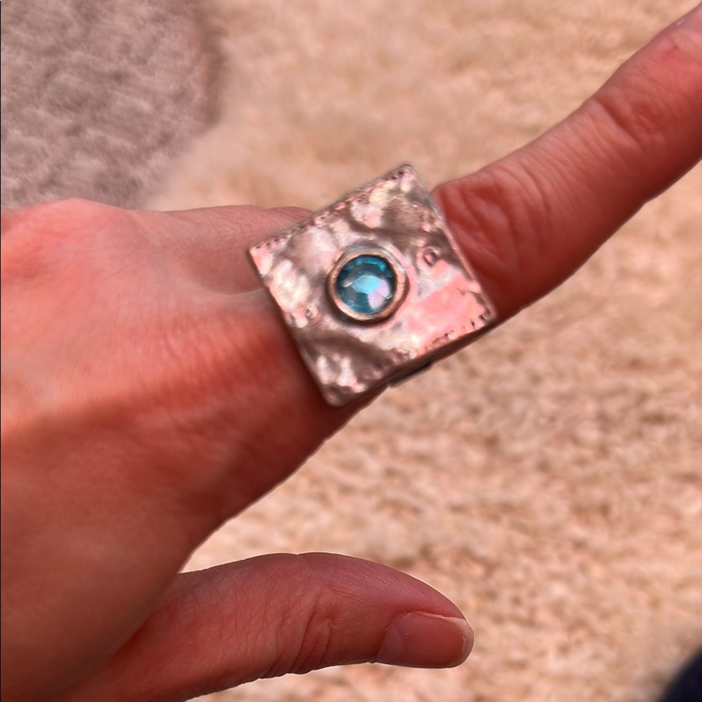 Vintage Art Deco Square Silver Ring with Blue Gem